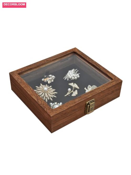 Other - Tempered Glass Wood Jewelry Display Case with Velvet Pad, 7.5x8.4x2.2 Inch
